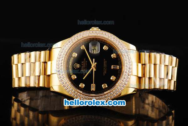 Rolex Day-Date II Automatic Movement Full Gold with Double Row Diamond Bezel-Black Dial and Diamond Markers - Click Image to Close